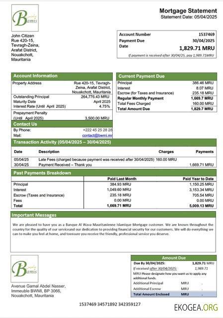 Mauritanie Banque Al Wava Mauritanienne Islamique relevé hypothécaire Modèle Word et PDF